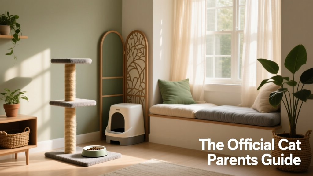 A tidy, cat-safe room with a litter box, food bowl, scratching post, and soft bed arranged thoughtfully