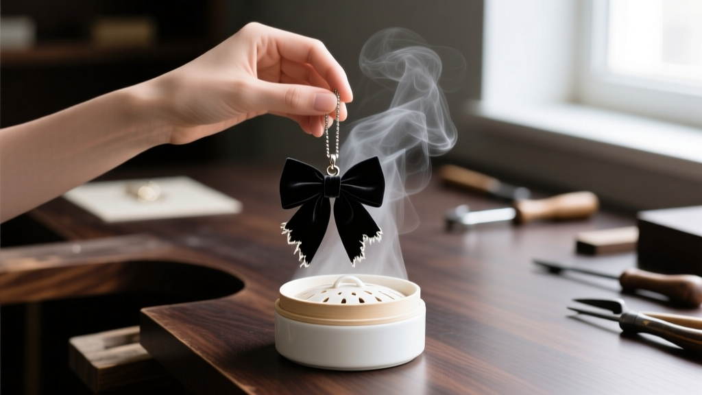 Hands gently steaming a slightly frayed black velvet bow pendant over a small steamer, set against a dark wood jeweler workbench