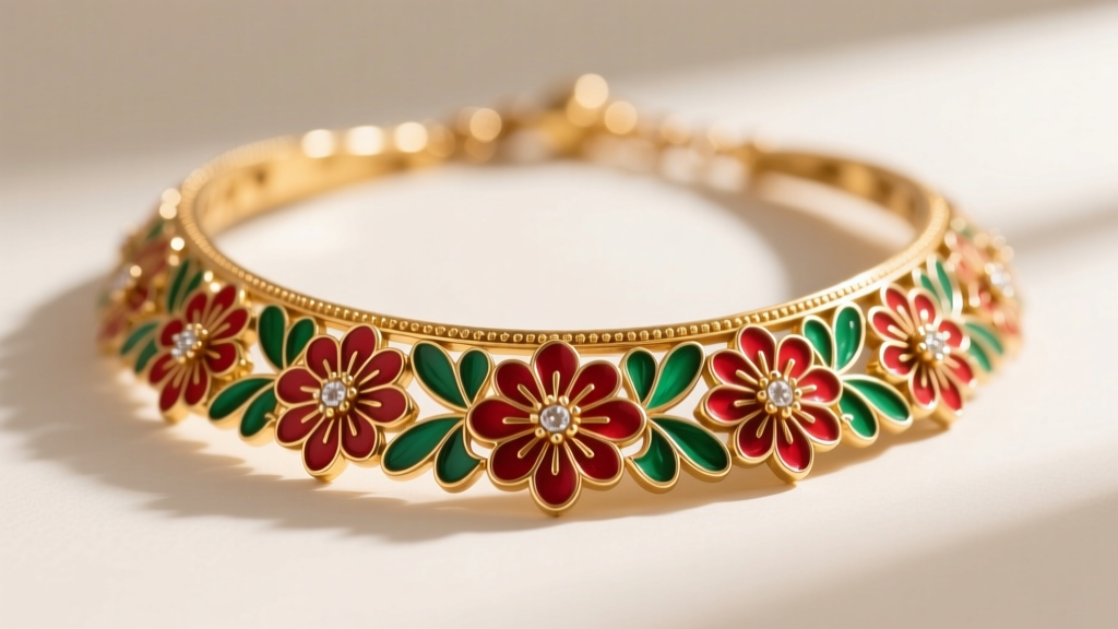 Macro shot of a Sabyasachi necklace reverse showing vibrant floral meenakari enamel in red and green over a 22k gold base