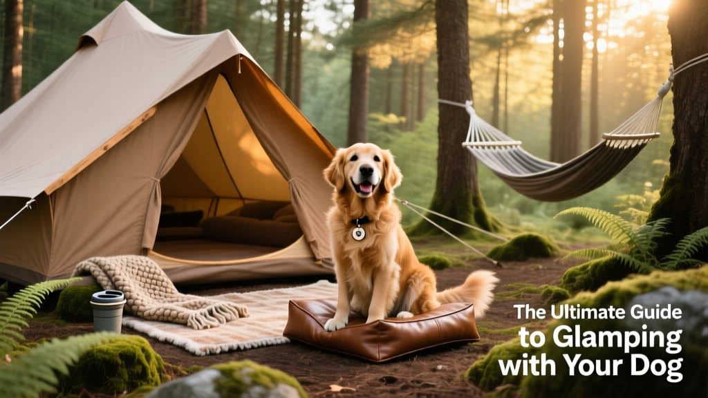 A happy dog sitting beside a stylish, furnished glamping tent with forest backdrop