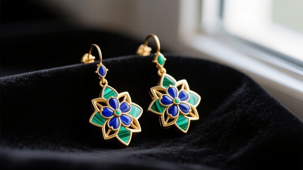 Close-up of elegant 14k gold pietra dura drop earrings featuring lapis lazuli and malachite floral inlay, resting on dark velvet.