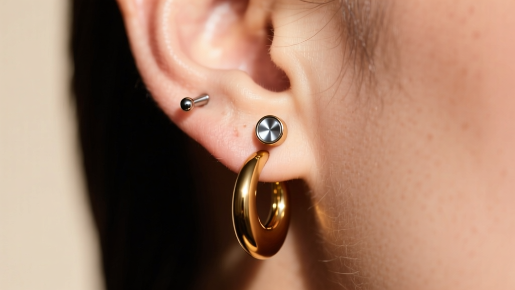 Earlobe wearing a coated brass drop earring next to a cartilage piercing with an implant-grade titanium labret stud.