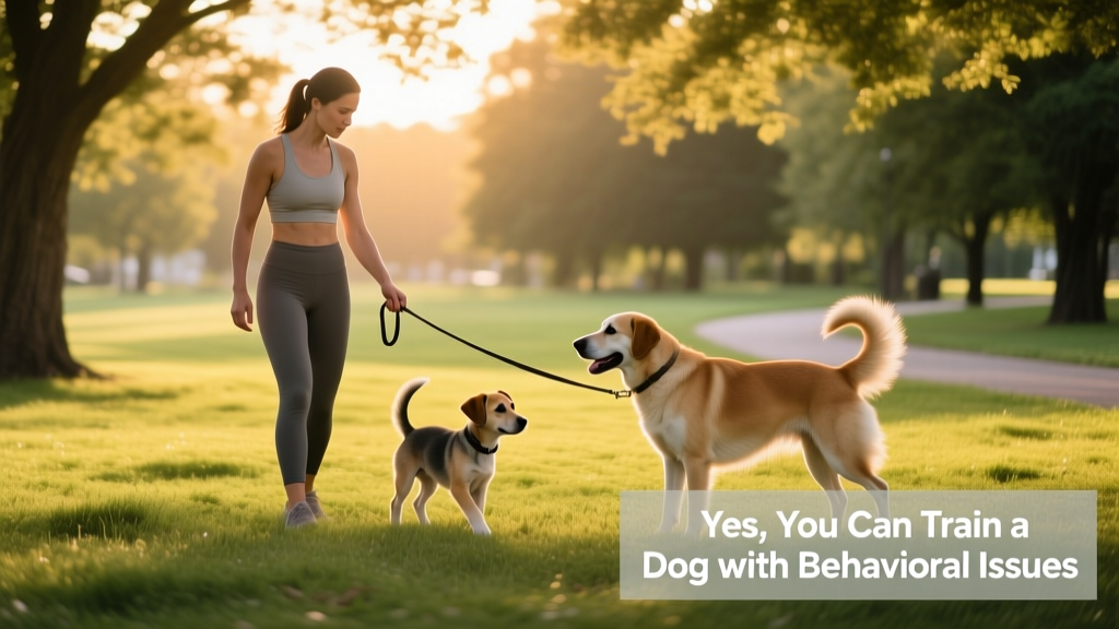 A trainer calmly guiding a hesitant dog through a gentle, low-pressure introduction to a friendly, leashed dog in a quiet outdoor setting