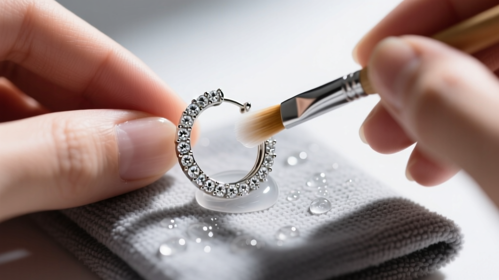 Hands using a soft-bristled brush and soapy water to gently clean a pavé diamond hoop earring resting on a gray microfiber cloth.