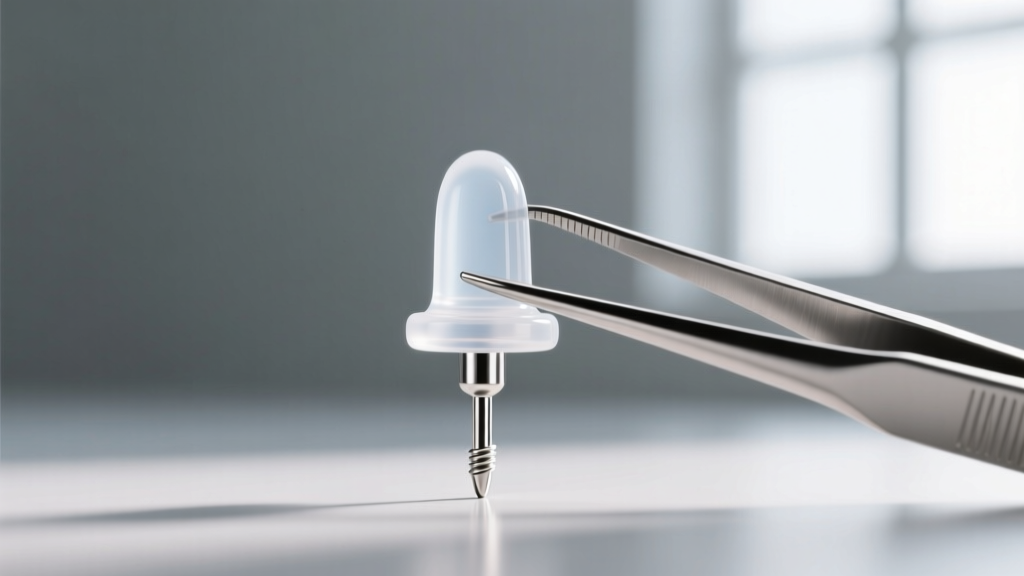 Side view of a clear medical-grade silicone earring stopper being pushed onto a 20-gauge titanium post with metal tweezers.