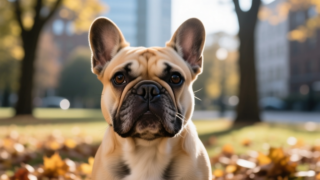 Smartphone equipped with a Moment 58mm telephoto lens capturing a detailed portrait of a French bulldog in natural outdoor park lighting