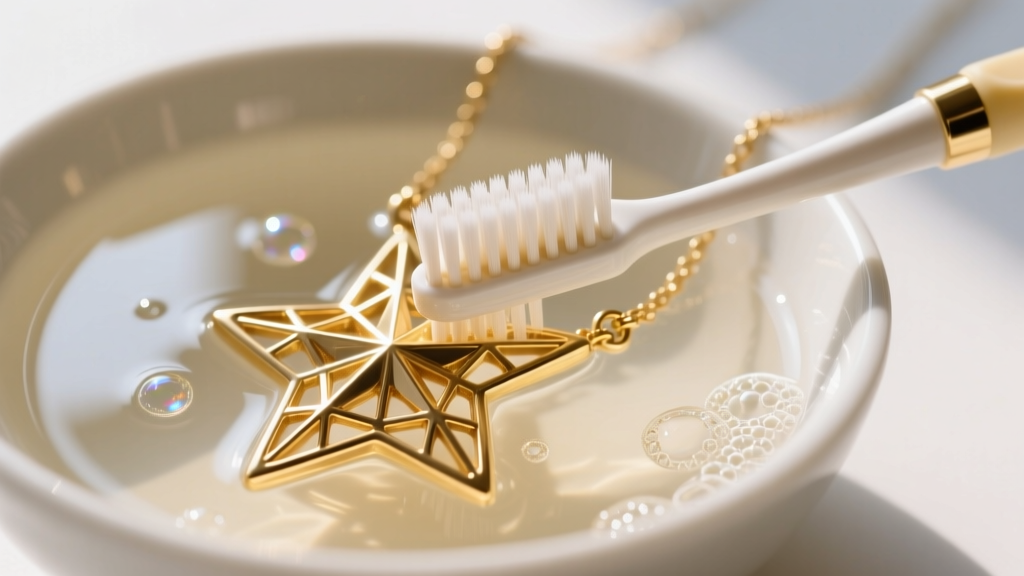 Close-up of a soft toothbrush cleaning deep crevices of a gold moravian star necklace in a bowl of warm soapy water