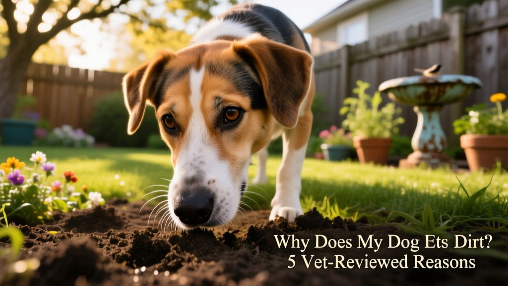 Close-up of a curious dog sniffing soil in a backyard garden