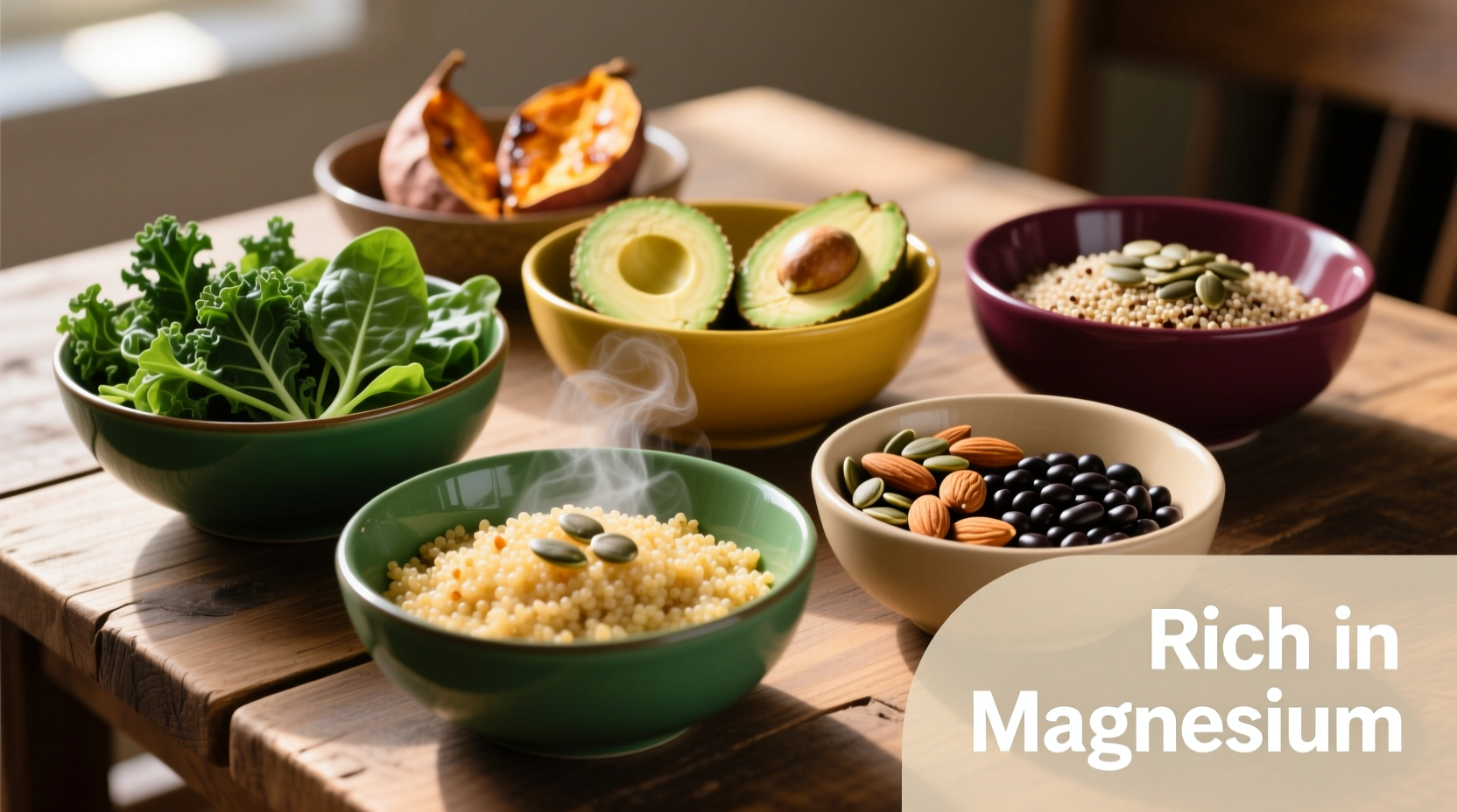 Magnesium-rich foods arranged in colorful bowls