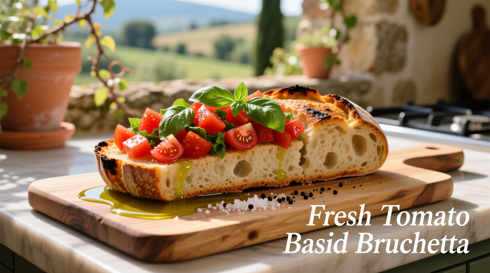 Fresh tomato basil bruschetta on rustic bread