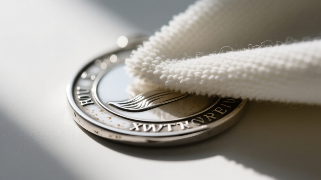 A soft microfiber cloth gently polishing the edge of an oxidized sterling silver medallion, revealing bright silver beneath