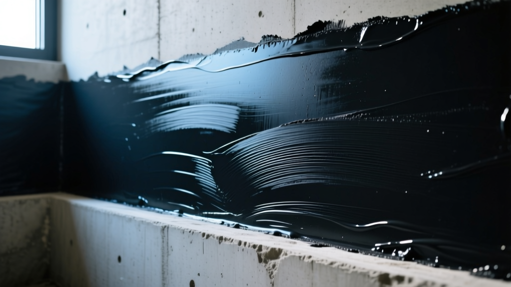 Close-up of below-grade concrete wall showing dark polyurethane liquid waterproofing membrane applied over a primer coat