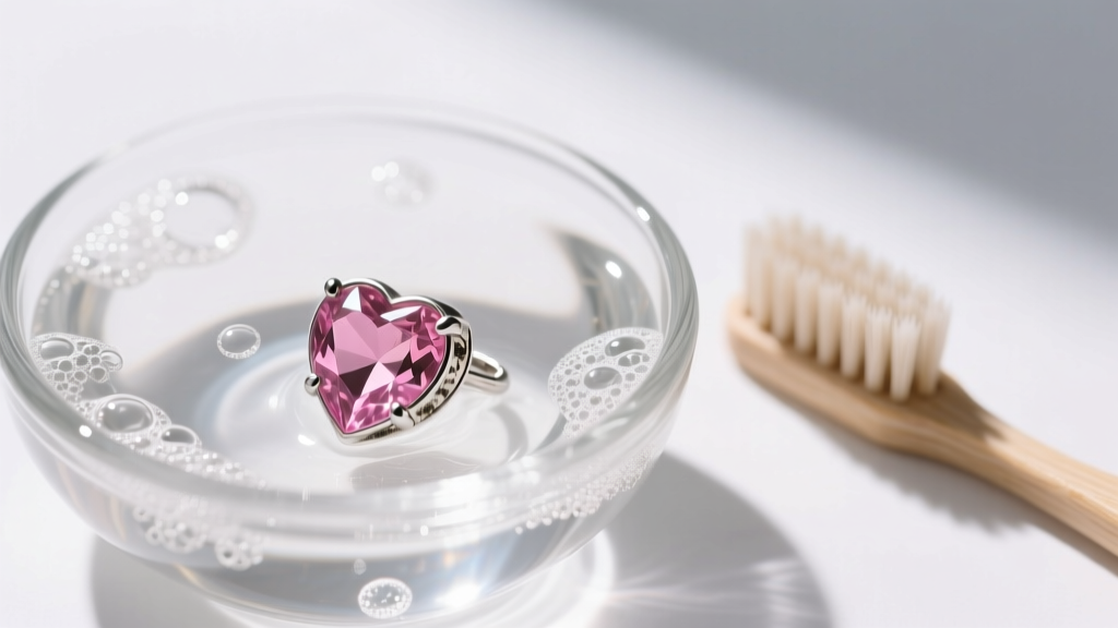 Tarnished sterling silver pink morganite heart earring in a glass bowl of soapy water beside a soft-bristled cleaning toothbrush
