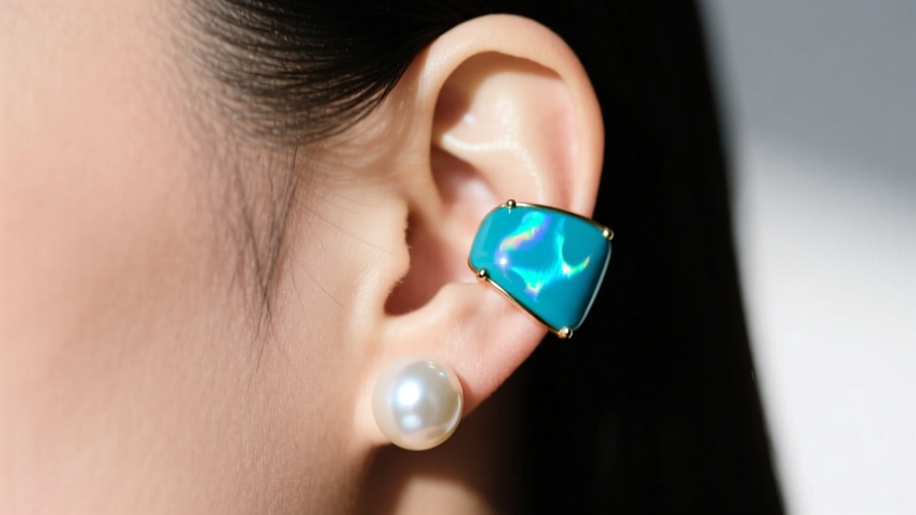 Ear wearing a turquoise and pearl ear cuff, showing the contrast between the blue stone and iridescent pearl in natural sunlight.