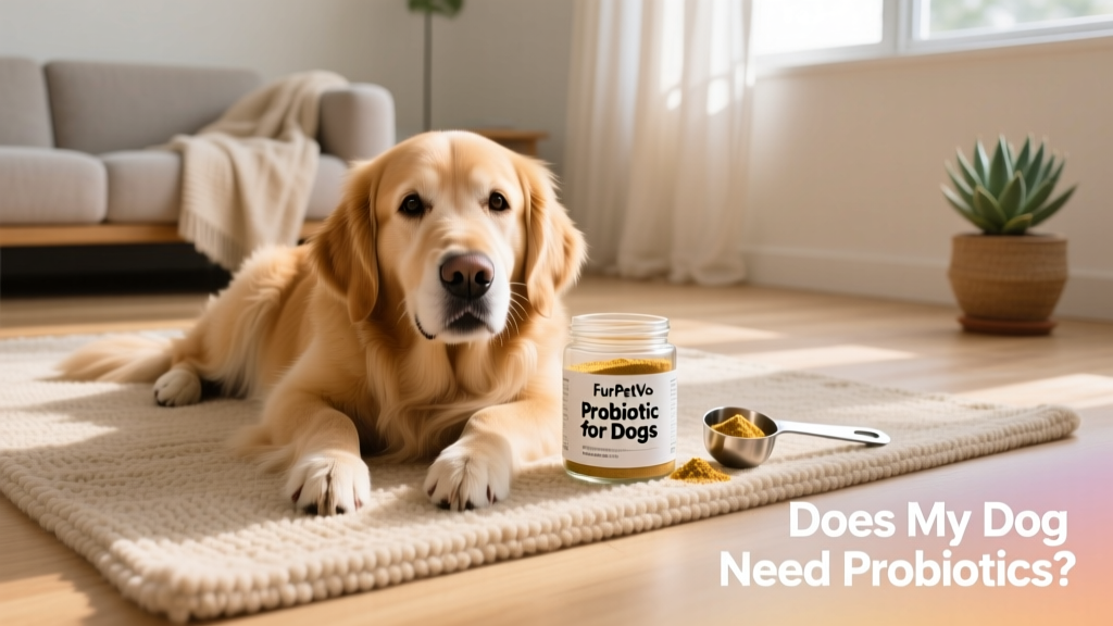 A happy, relaxed dog lying on a rug beside an open FurPetVo probiotic jar and a measuring scoop