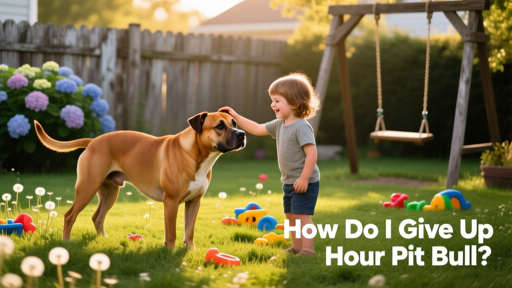 A friendly Pit Bull playing gently with children in a sunlit backyard