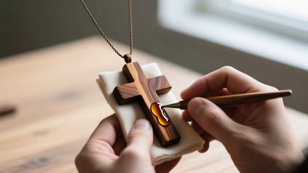 Hands applying tung oil to a walnut wood cross necklace pendant with a soft microfiber cloth for routine jewelry maintenance.