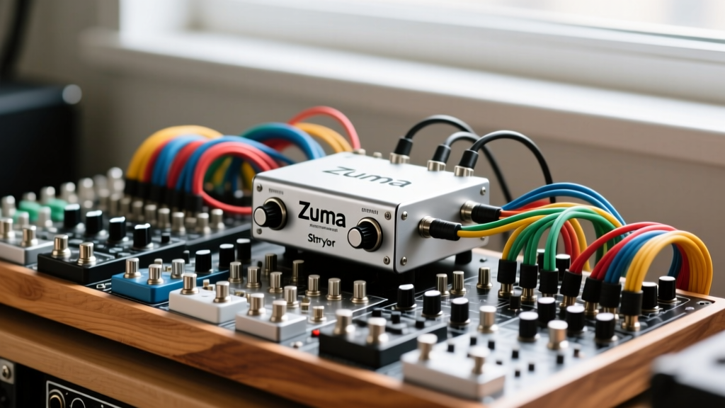 Strymon Zuma high-current isolated power supply mounted underneath a dense pedalboard with neatly routed patch cables