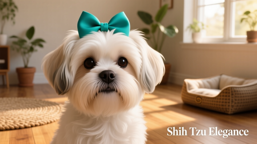 Close up of shih tzu with teal hair bow