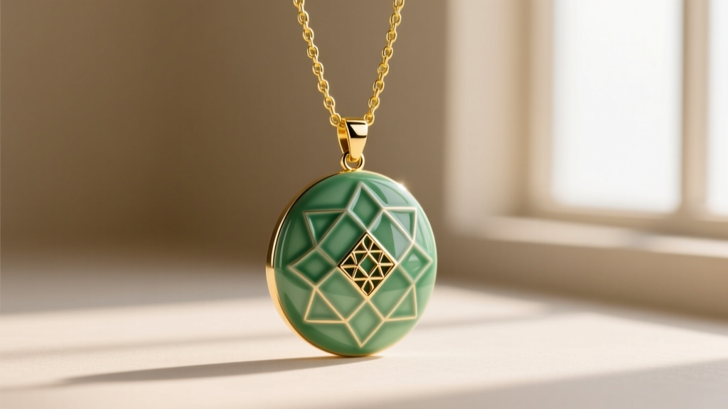 Vitreous enamel sage green guilloche pendant on a 14k yellow gold chain, showing intricate geometric background metal patterns.