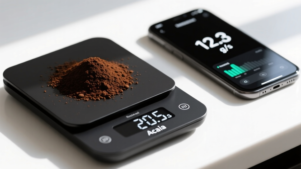 Close-up of Acaia Pearl smart scale displaying 20.5 grams of freshly ground coffee with a smartphone showing real-time flow rate data nearby
