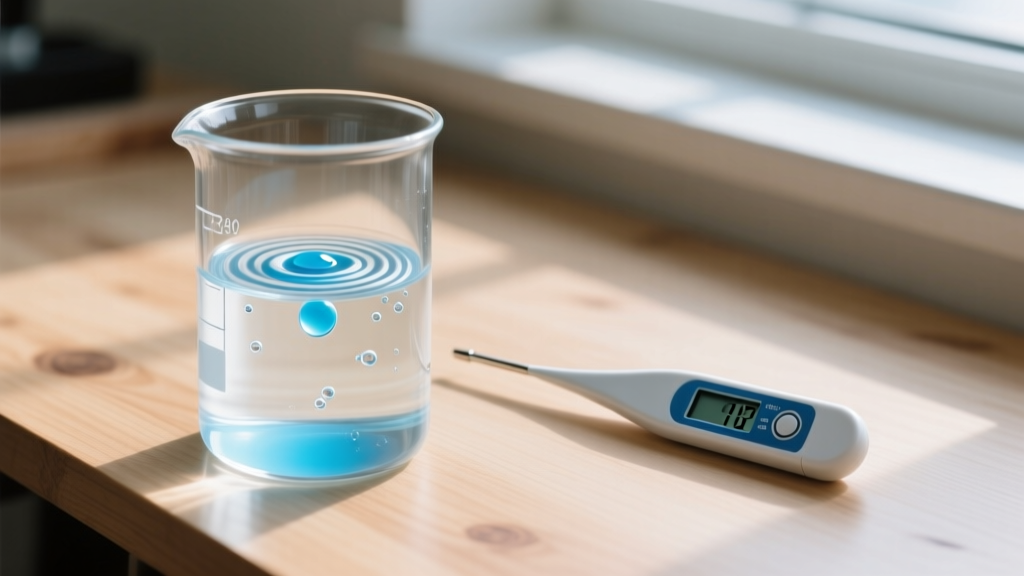 Glass beaker measuring distilled water and mild blue dish soap surfactant next to a digital thermometer on a wooden workbench