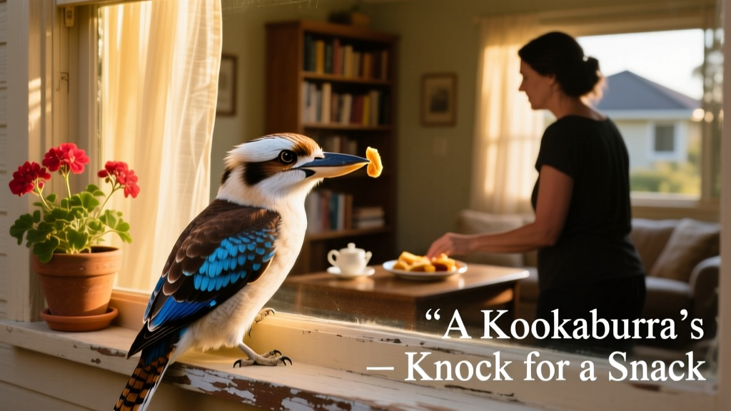 A kookaburra perched near a home window, head tilted attentively