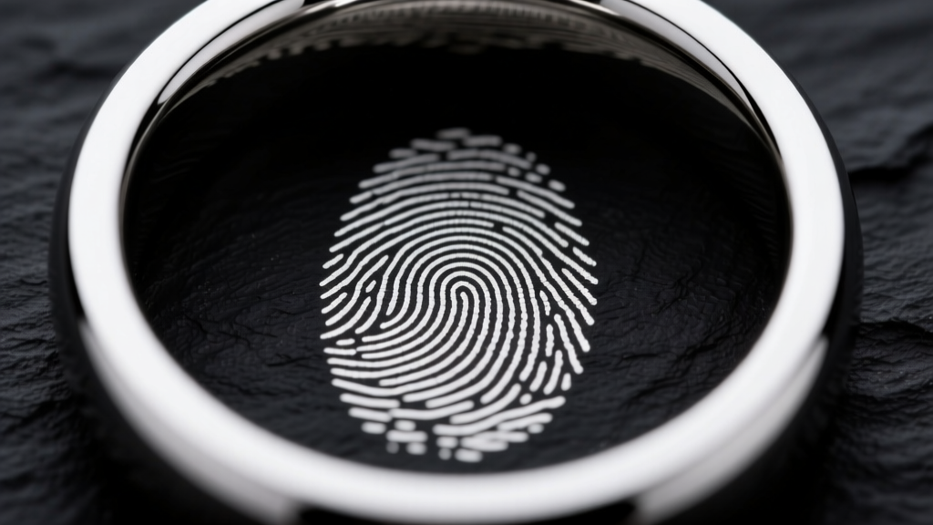 Macro shot of a platinum ring interior showing a laser-etched fingerprint pattern, detailed against a dark slate background.