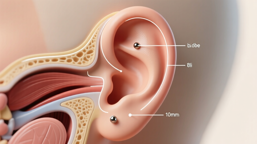 Anatomical ear diagram with overlay lines mapping 10mm lobe and 8mm helix piercing placements for accurate jewelry scale mapping