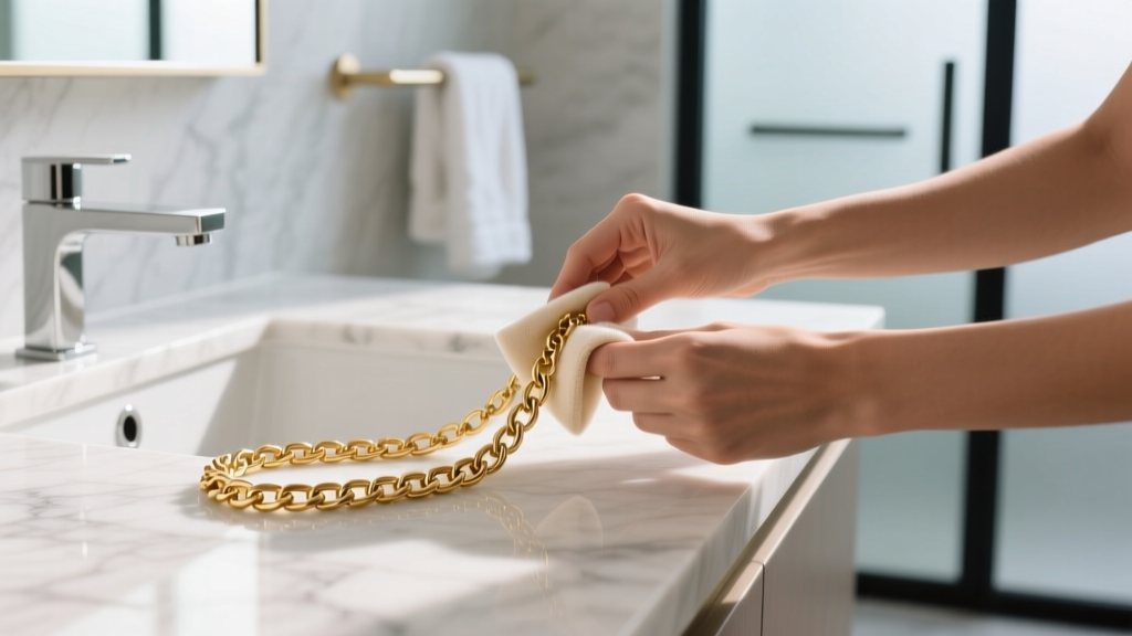 Hands gently cleaning a delicate gold-plated fashion chain with a microfiber cloth on a bright marble bathroom counter.