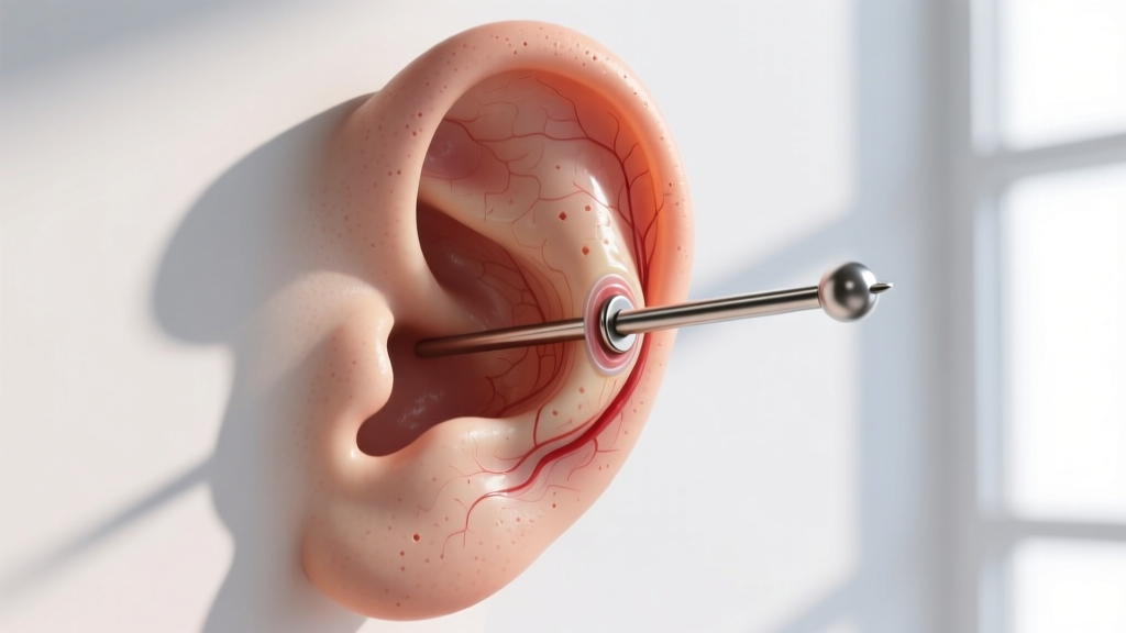 Medical illustration of an earlobe healing around a long piercing stud, highlighting the necessary space for initial tissue swelling