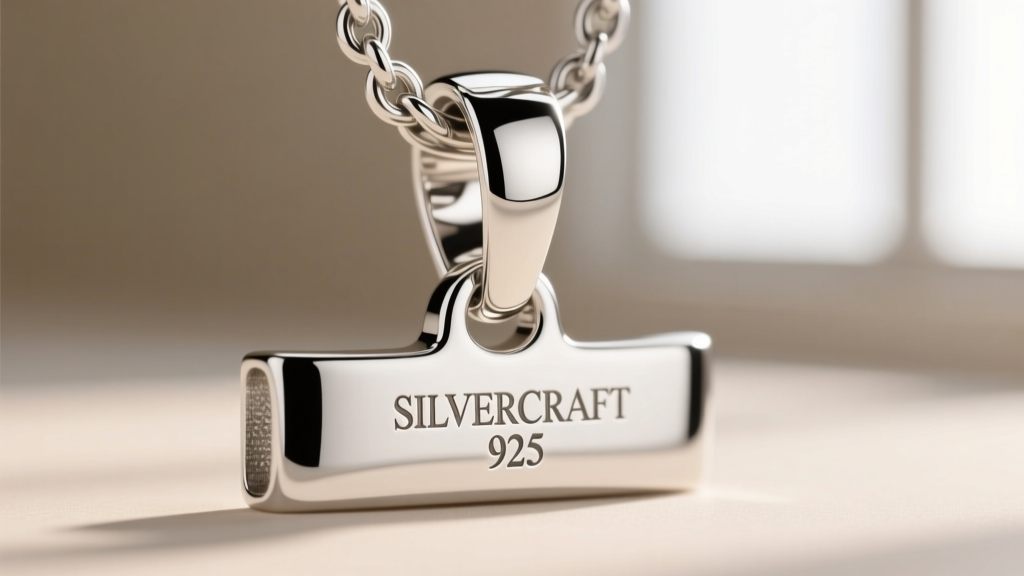Extreme close-up macro shot of a 925 sterling silver pendant clasp and bail, highlighting the rhodium plating and engraved maker's mark