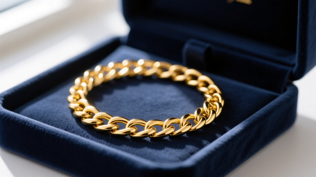 A 24k gold chain coiled in a velvet-lined jewelry box, isolated to prevent scratching and tangling of the soft pure gold links.