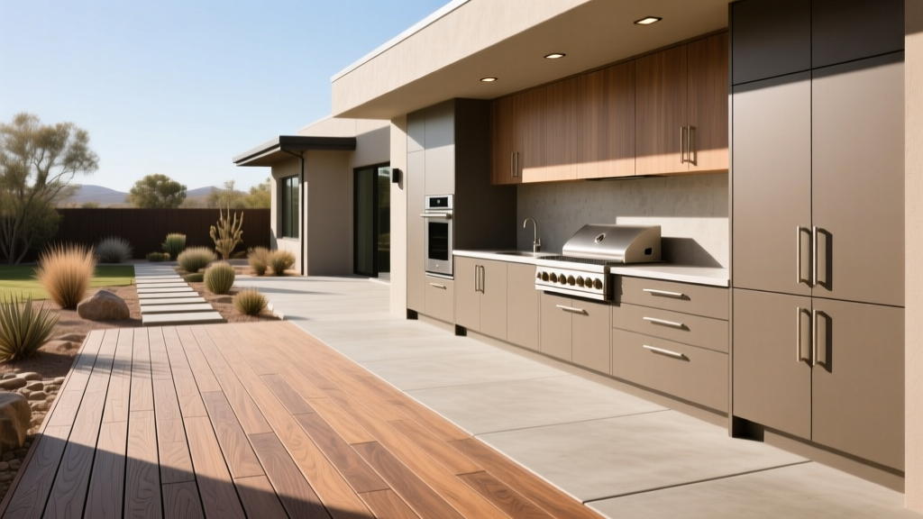 Weatherproof composite decking and sealed concrete patio surrounded by outdoor kitchen structures with waterproof cabinetry in bright sunlight