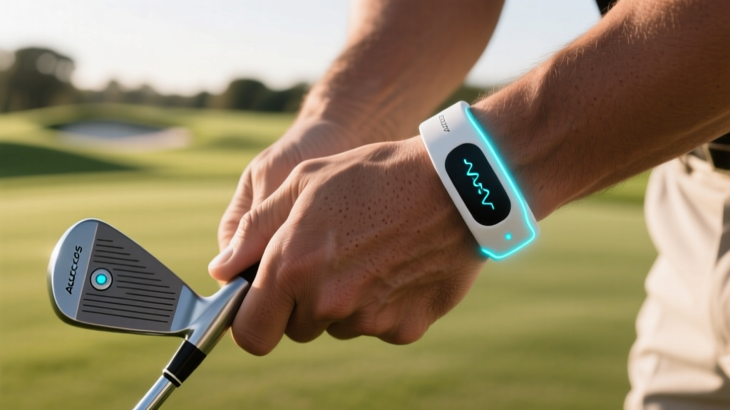 Close-up of a golfer hands gripping a club equipped with Arccos Gen 4 smart sensors and a biometric pressure wristband