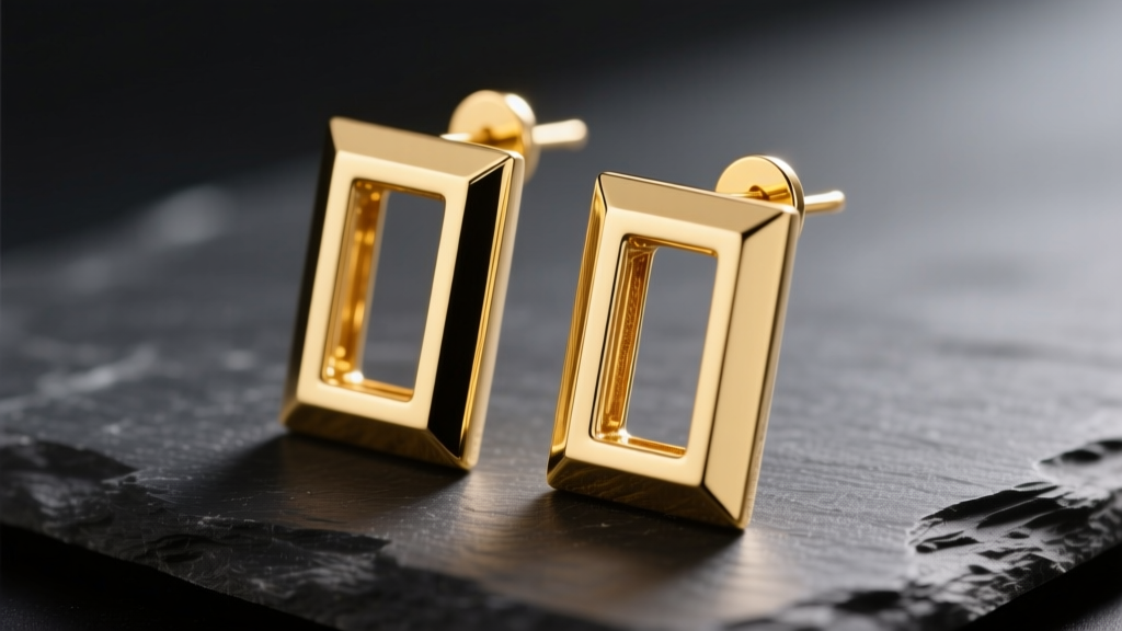 Close-up of 14k yellow gold rectangle drop earrings on dark slate, highlighting sharp geometric edges and warm lighting