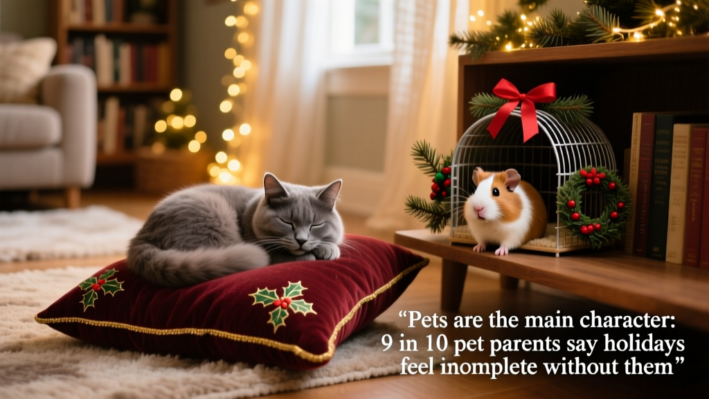 A cozy living room scene featuring a cat curled up on a festive throw pillow next to a small guinea pig in a decorated habitat, with holiday lights softly glowing in the background