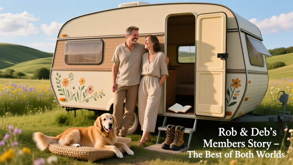 Rob and Deb smiling beside their motorhome in a scenic countryside setting