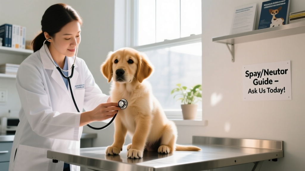 A veterinarian gently examining a calm, alert puppy during a wellness checkup
