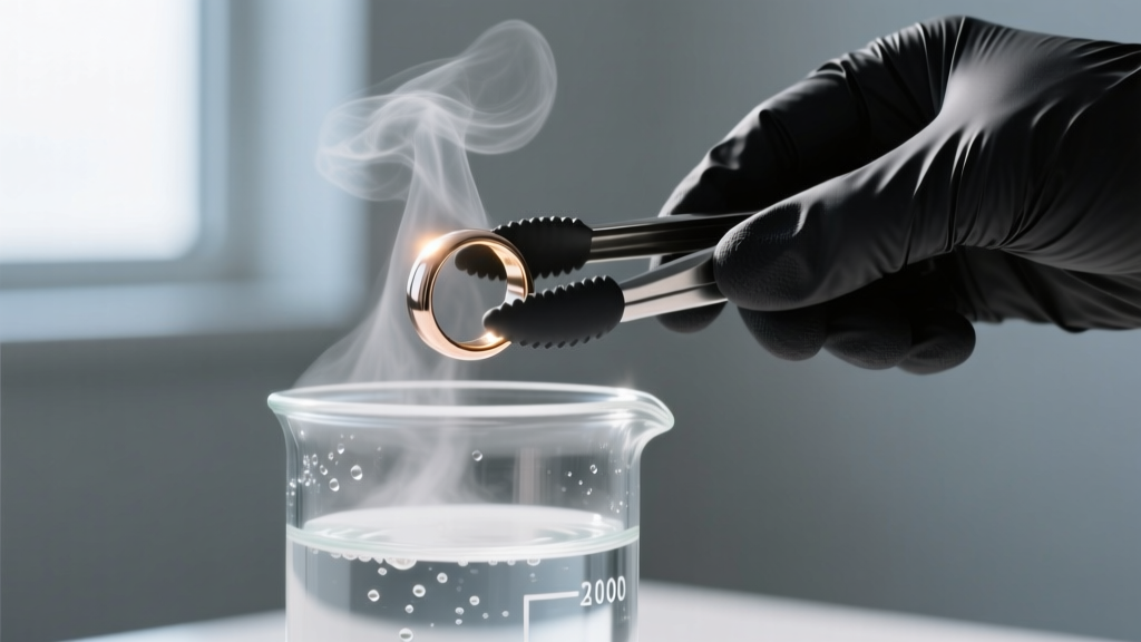 Black nitrile gloves using silicone tongs to lift a boiling titanium segment ring from a clear glass beaker filled with hot water.