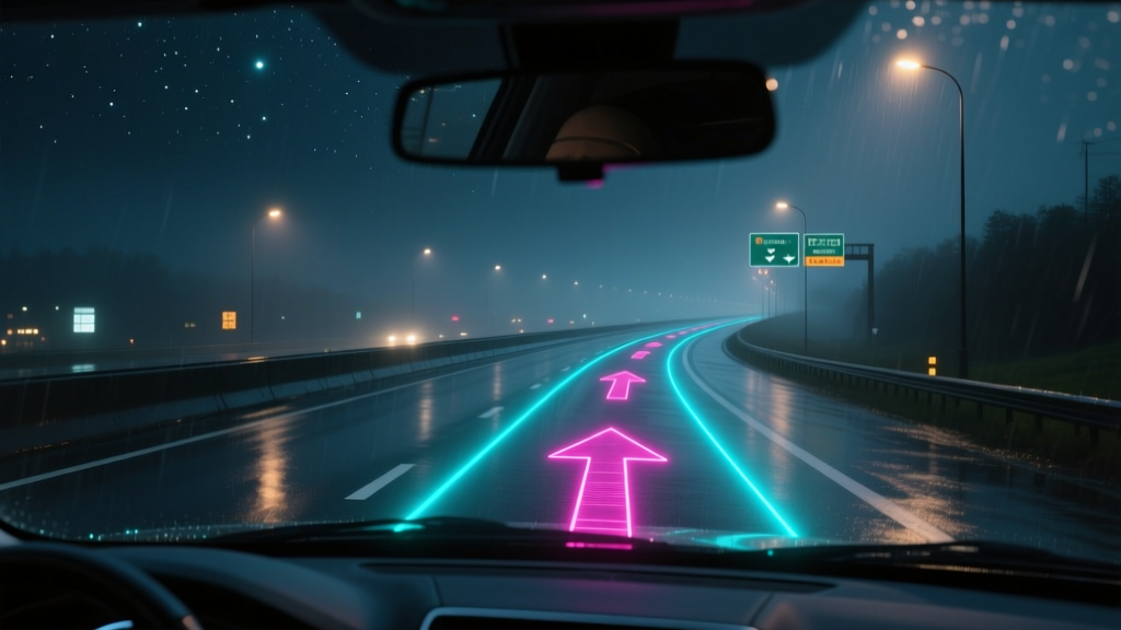 Nighttime driver perspective through windshield showing crisp augmented reality laser head-up display projecting navigation arrows over dark road.