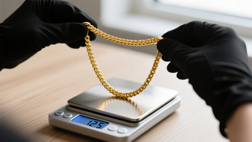 Digital scale weighing a 14k gold rope chain at 12.5 grams, beside a jeweler
