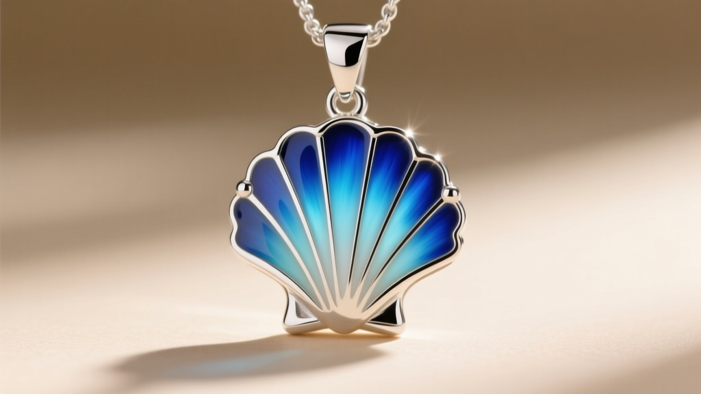Macro shot of a sterling silver scallop fan pendant with translucent blue plique-a-jour enamel, backlit to show light passing