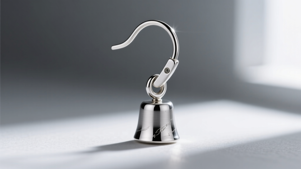 Close-up of a 20-gauge titanium earring hook connecting to a 24-gauge jump ring holding a miniature silver chime tube.