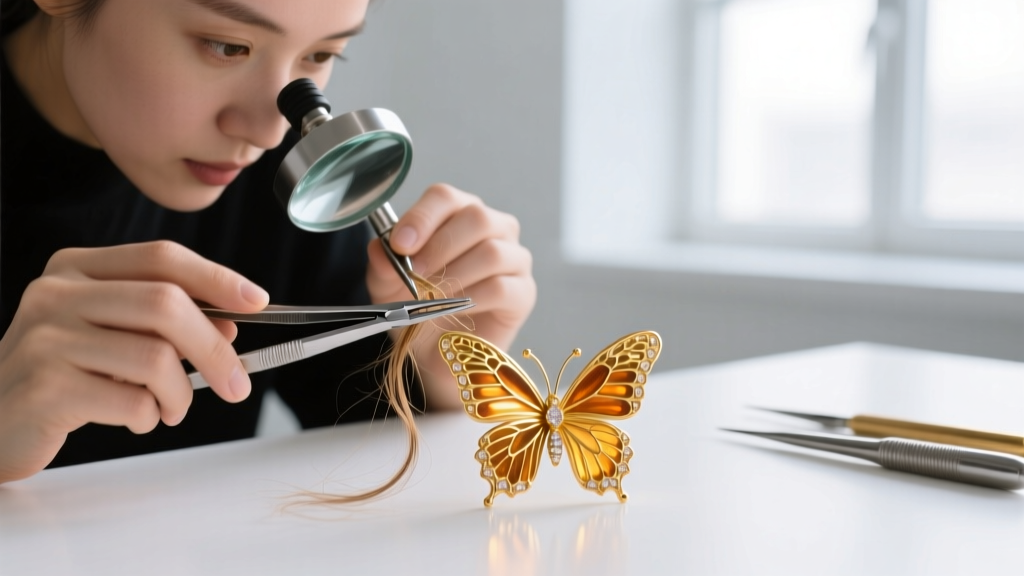 Jeweler using precision titanium hemostats and a loupe to extract tangled hair from a delicate gold earring butterfly backing.