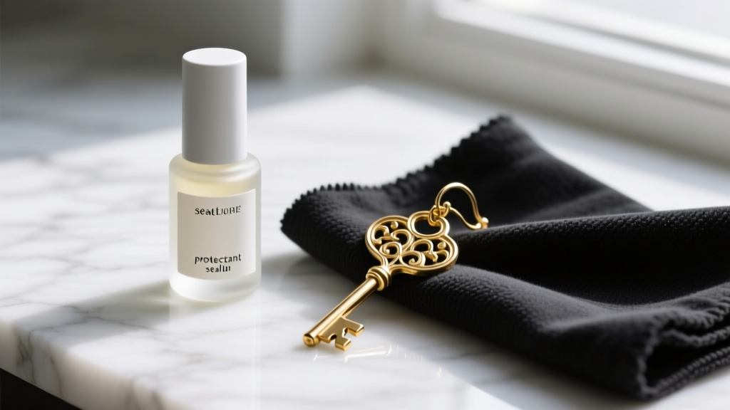 Bottle of jewelry protectant sealant and a polishing cloth resting next to an ornate vintage gold key earring on a marble surface.