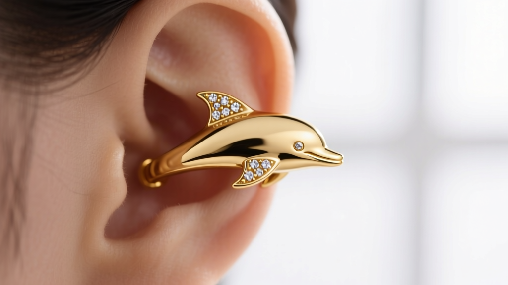 Close-up of an 18k gold dolphin ear cuff wrapping around the helix, featuring micro-pavé diamond accents on the fin.
