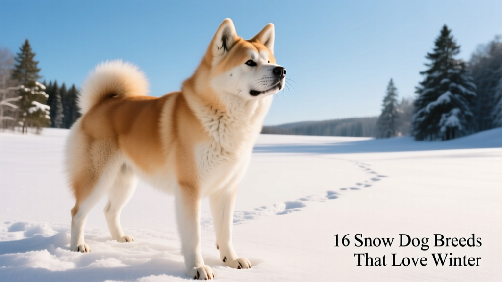 An Akita standing proudly in fresh snow, head held high, thick fur glistening