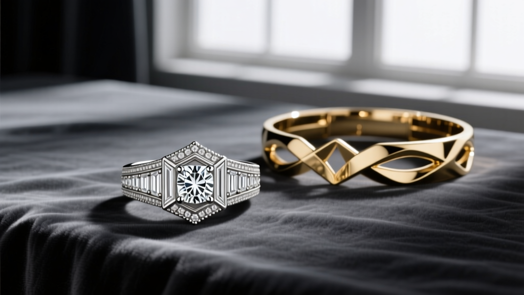Vero estate jewelry flat-lay with an Art Deco platinum diamond ring and 18k gold mid-century bracelet on dark velvet fabric