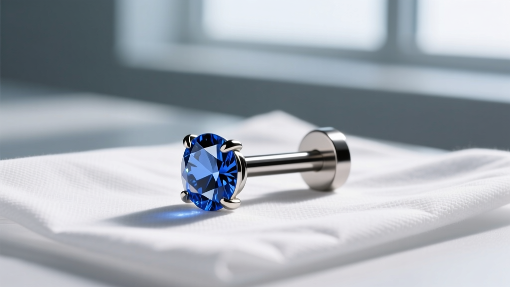 Side profile of an ASTM F136 implant-grade titanium labret stud with a prong-set sapphire resting on a sterile medical drape